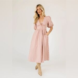 Zoco "Adeline" Pink Plaid Cottagecore Midi Dress